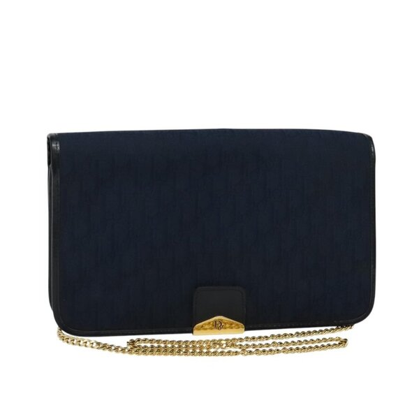 Christian Dior Trotter Canvas Chain Shoulder Bag Navy Gold Auth 125985 - Picture 1 of 16